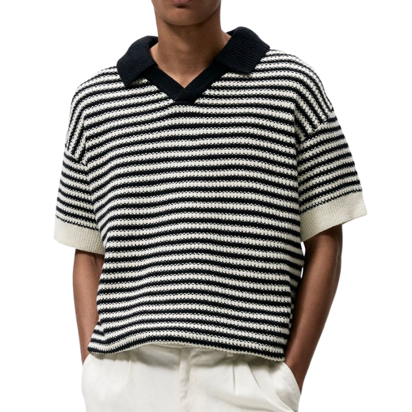 Men's Casual Contrast Color Striped Jacquard Lapel Loose Knitted Short Sleeve Sweater T-Shirt
