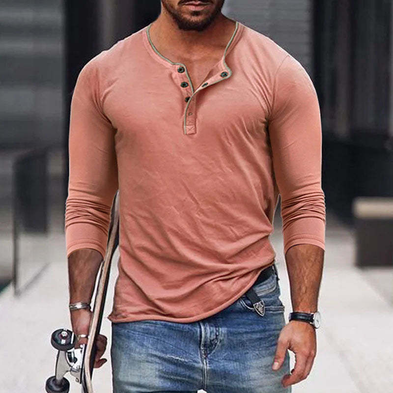 Camiseta informal de manga larga ajustada con cuello Henley de mezcla de algodón para hombre