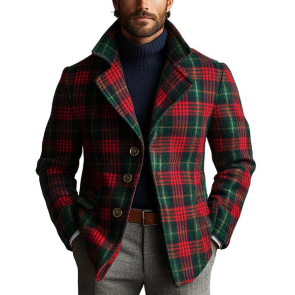 Men's Vintage Christmas Colorblock Plaid Print Tweed Lapel Single-Breasted Blazer