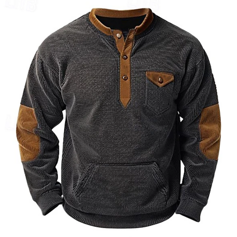 Men's Vintage Corduroy Henley Color Block Elbow Patch Western Long Sleeve Sweatshirt