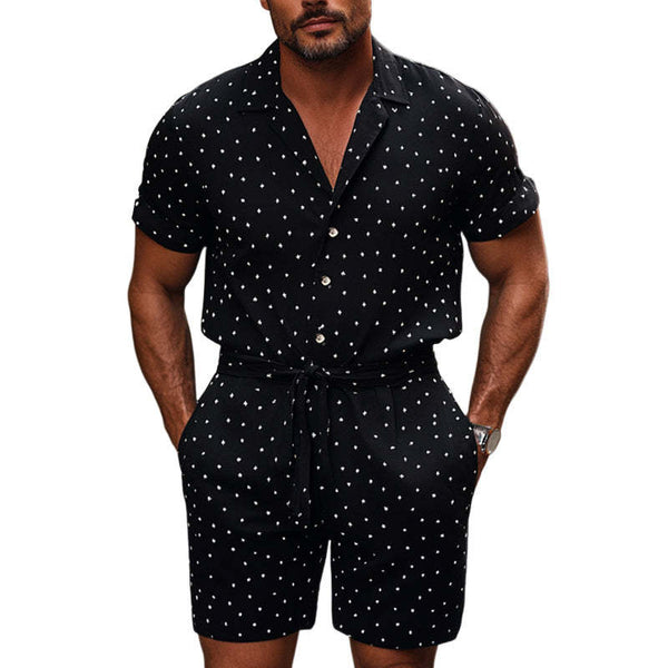 Men's Diamond Dot Lapel Knitted Casual Short Sleeve Shorts Set
