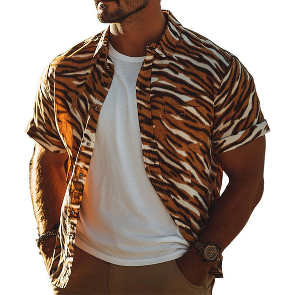 Herren Sommer Retro Tiger Print Lässiges Kurzarmhemd