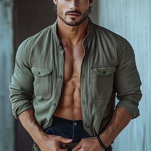 Men's Striped Textured Stand Collar Long Sleeve Shirt