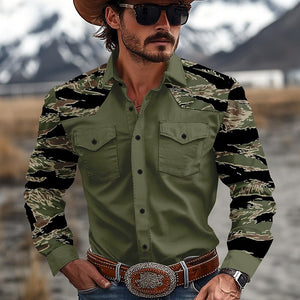 Camisa vaquera de camuflaje para hombre, estilo vaquero, manga larga, informal, para exteriores, primavera y otoño, con 2 bolsillos, color negro, marrón, verde y caqui.