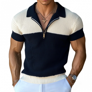 Polo informal de punto de manga corta con solapa y cremallera en contraste para hombre, corte ajustado