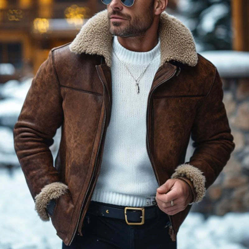 Herren Vintage Leder Lammwolle Patchwork Warm Revers Reißverschluss Mantel