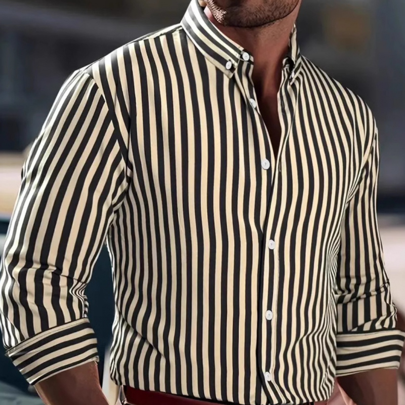 Men's Casual Striped Cotton Lapel Slim Fit Long Sleeve Shirt