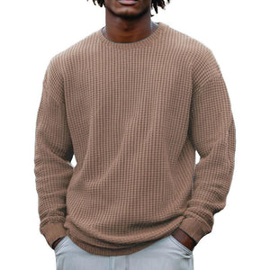 Men's Solid Color Waffle Round Neck Long Sleeve Sweatshirt