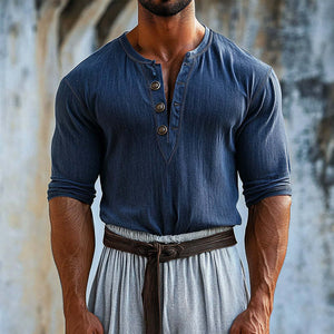 Camiseta informal de manga corta con cuello redondo y botones para hombre