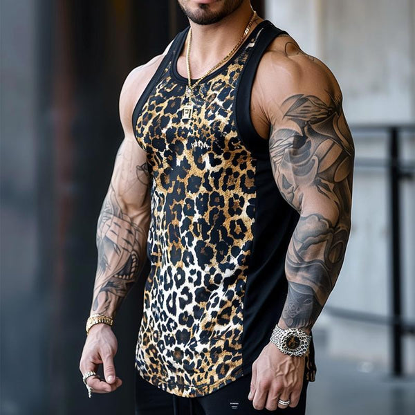 Lässiges Patchwork-Tanktop mit Rundhalsausschnitt und Leopardenmuster für Herren