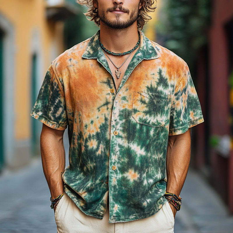 Men's Orange Green Mottled Tie Dye Casual Short Sleeve Shirt