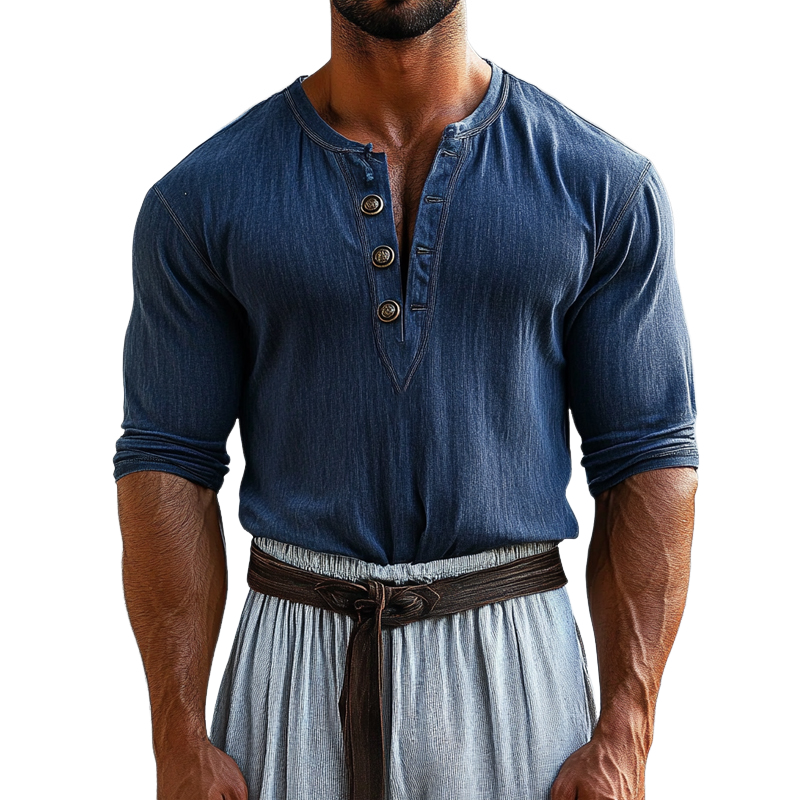 Men's Casual Button Round Neck Short Sleeve T-Shirt