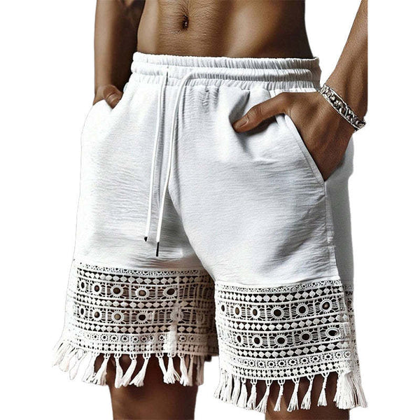 Herren-Patchwork-Shorts aus Baumwolle und Leinen mit Spitze