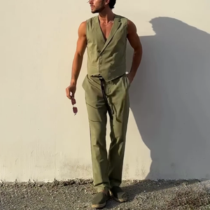 Men's Solid Notch Lapel Double Breasted Vest Trousers Casual Set