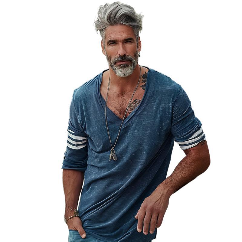 Men's Loose V-Neck Striped Patchwork Long-Sleeved T-Shirt