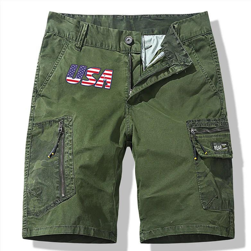 USA FLAG COTTON MEN'S LOOSE OVERSIZED MULTI POCKET MILITARY UNIFORM CARGO SHORTS