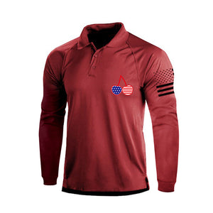 POLO DE MANGA LARGA RAGLÁN CON BOTONES DE 1/4 Y BANDERA DE EE. UU. DE CHERRY
