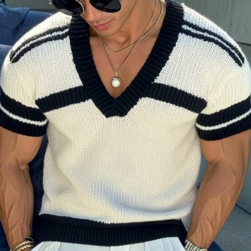 Camiseta informal de punto de manga corta con cuello en V y rayas de jacquard para hombre