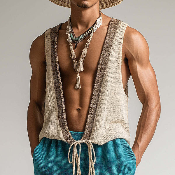 Herren Frühlingsmode Handtuch Tuch Schnürung Ärmellose Shorts Set 