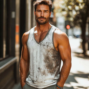 Men's Skin-friendly Breathable V-neck Retro Printed Tank Top