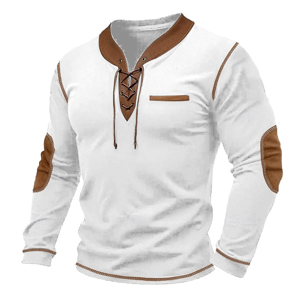 Men's Vintage Lace-Up Color Block Long Sleeve T-shirt