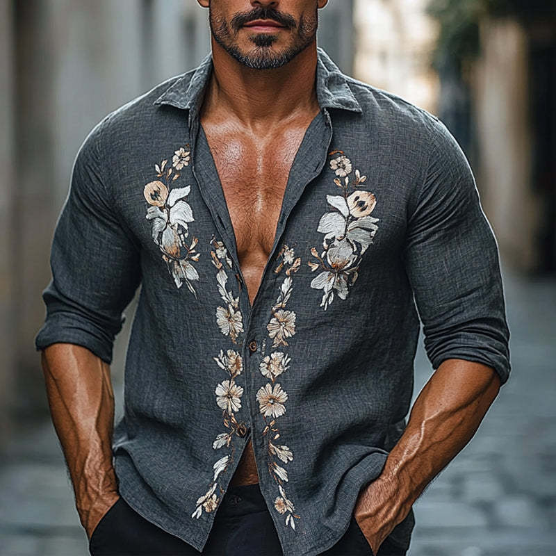 Men's Vintage Floral Embroidered Long Sleeve Shirt