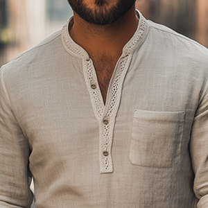 Herren Frühling Neues Retro Ethnische Spitzennähte Tiefer V-Ausschnitt Langarmhemd