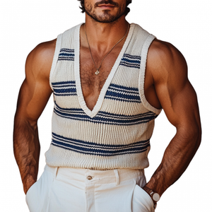 Men's Casual Deep V Neck Striped Knitted Vacation Tank Top