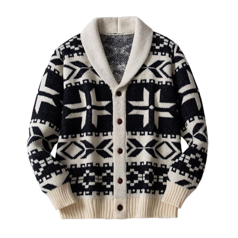 Men's Christmas Jacquard Thick Lapel Single Breasted Knitted Cardigan