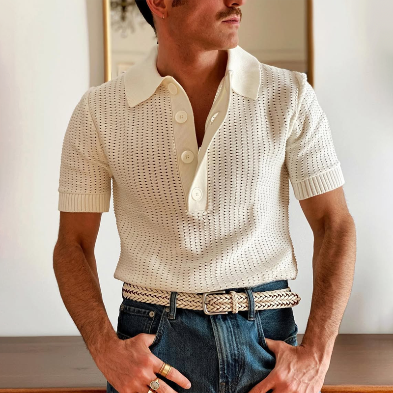 Men's Knit Hollow Lapel Lapel Short Sleeve Polo Shirt