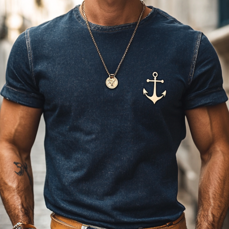 Men's Retro Denim Washed Anchor Print Round Neck Slim Fit Short Sleeve T-Shirt