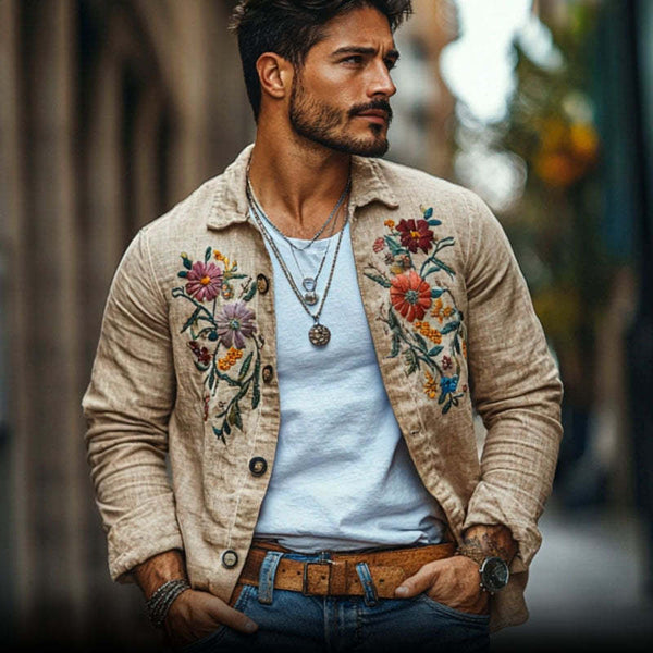 Camisa informal de lino con solapa bordada y manga larga suelta para hombre