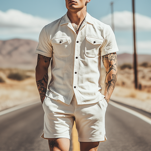 Men's Spring Fashion Casual Suede Short Sleeve Shirt Length To Knee Shorts Set