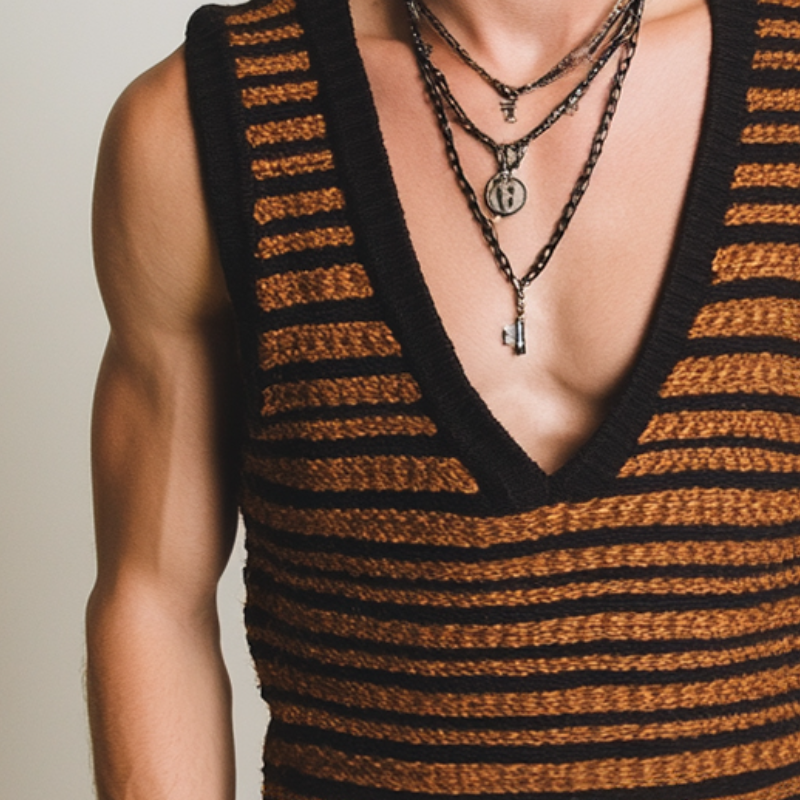 Men's Vintage Striped Knit V-Neck Tank Top