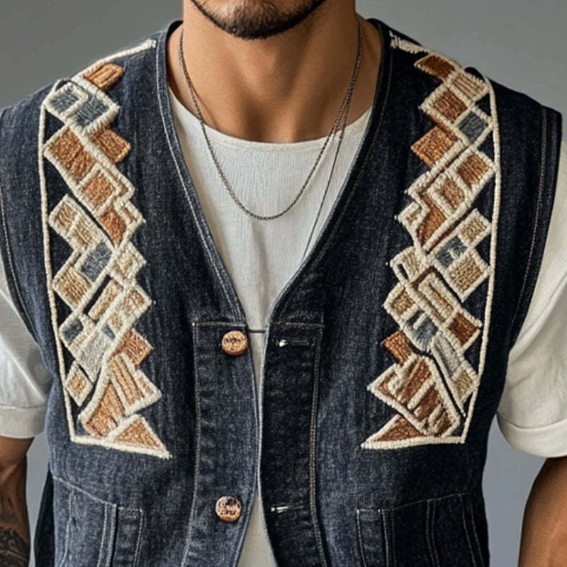Herren-Jeansweste mit geometrischer Stickerei
