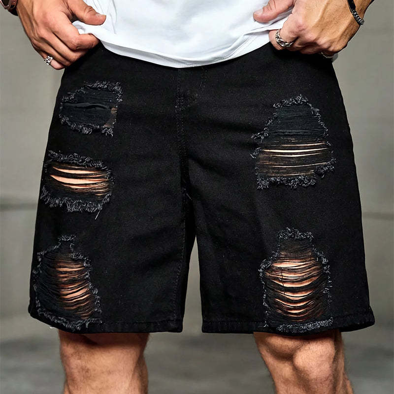 Pantalones cortos vaqueros negros rotos y holgados de verano para hombre