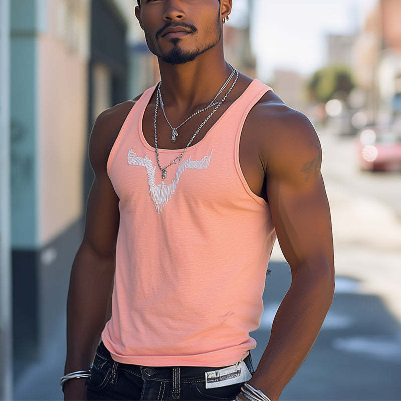 Camiseta sin mangas informal de verano con cuello redondo y bordado rosa para hombre