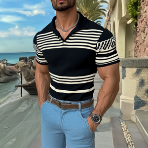 Camiseta informal de manga corta de punto con solapa a rayas y jacquard de corte entallado para hombre