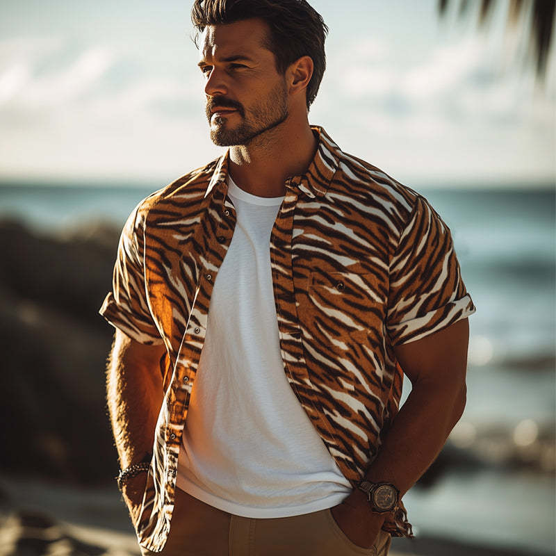 Herren Sommer Retro Tiger Print Lässiges Kurzarmhemd