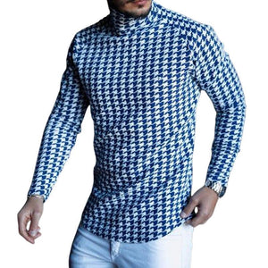 Camiseta de manga larga con cuello alto y estampado retro informal de pata de gallo para hombre