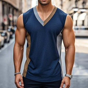 Camiseta sin mangas con cuello en V, estilo retro informal con bloques de color para hombre