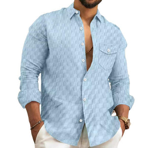 Men's Solid Plaid Chest Pocket Lapel Long Sleeve Shirt
