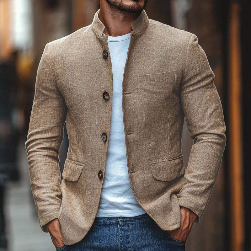 Blazer informal de lino con cuello alto y botonadura sencilla para hombre