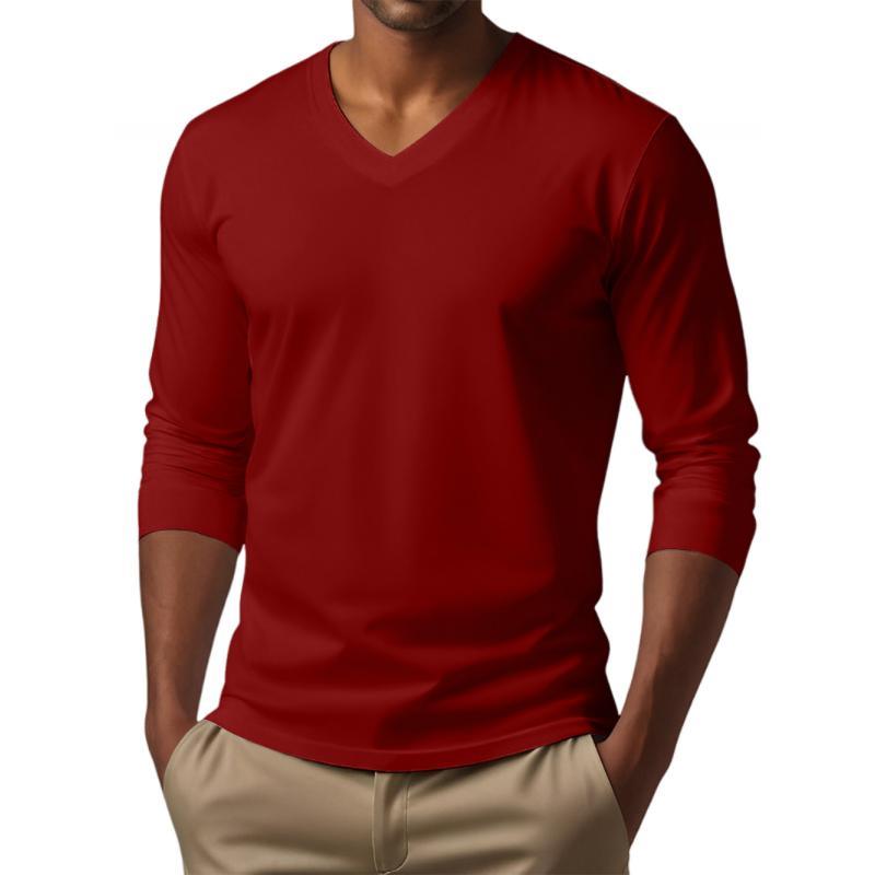Camiseta informal de manga larga ajustada de algodón mezclado con cuello en V para hombre