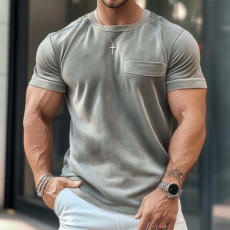 Herren-T-Shirt mit einfarbigem Basic-Samt, lässig, kurzärmelig