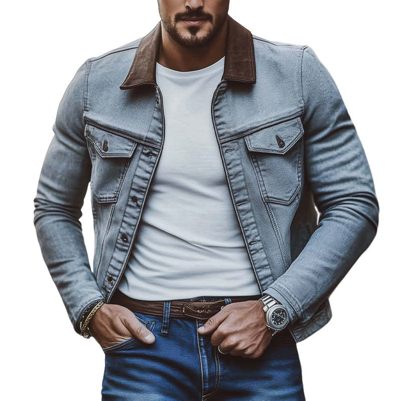 Men's Gray Distressed Lapel Washed Denim Jacket