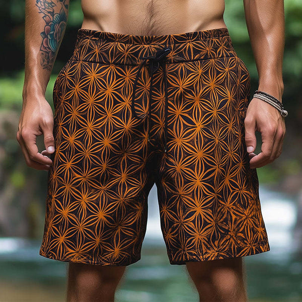 Men's Vintage Casual Flower Of Life Print Drawstring Shorts