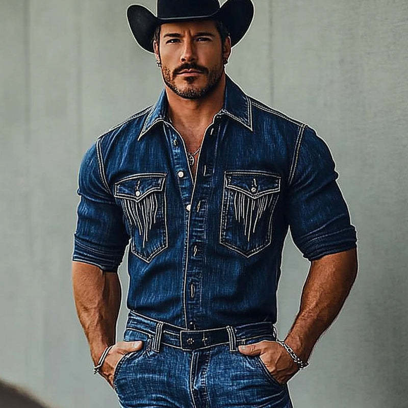 Men's Distressed Vintage Long Sleeve Denim Shirt