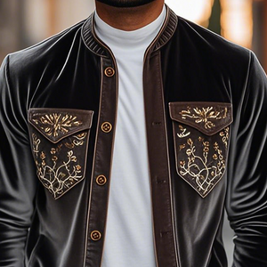 Camisa de manga larga de terciopelo bordada retro de moda de primavera para hombre