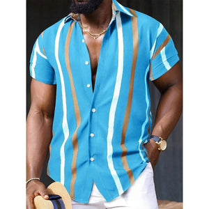 Men's Casual Striped Printed Lapel Short Sleeve Shirt